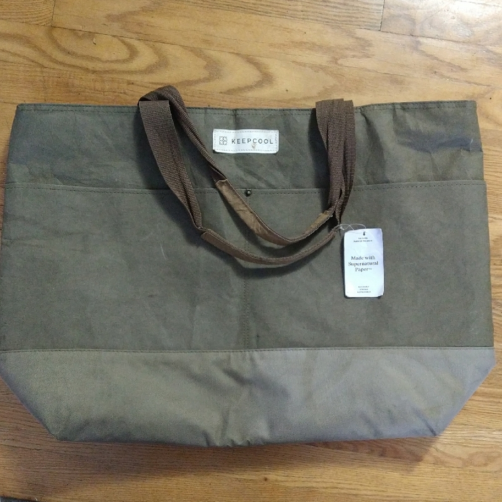 Women's Olive Canvas Tote Bag with Brown Handles